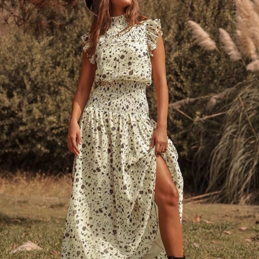Lulus Sweet Shimmer Cream Floral Smocked High Neck Maxi Dress Large